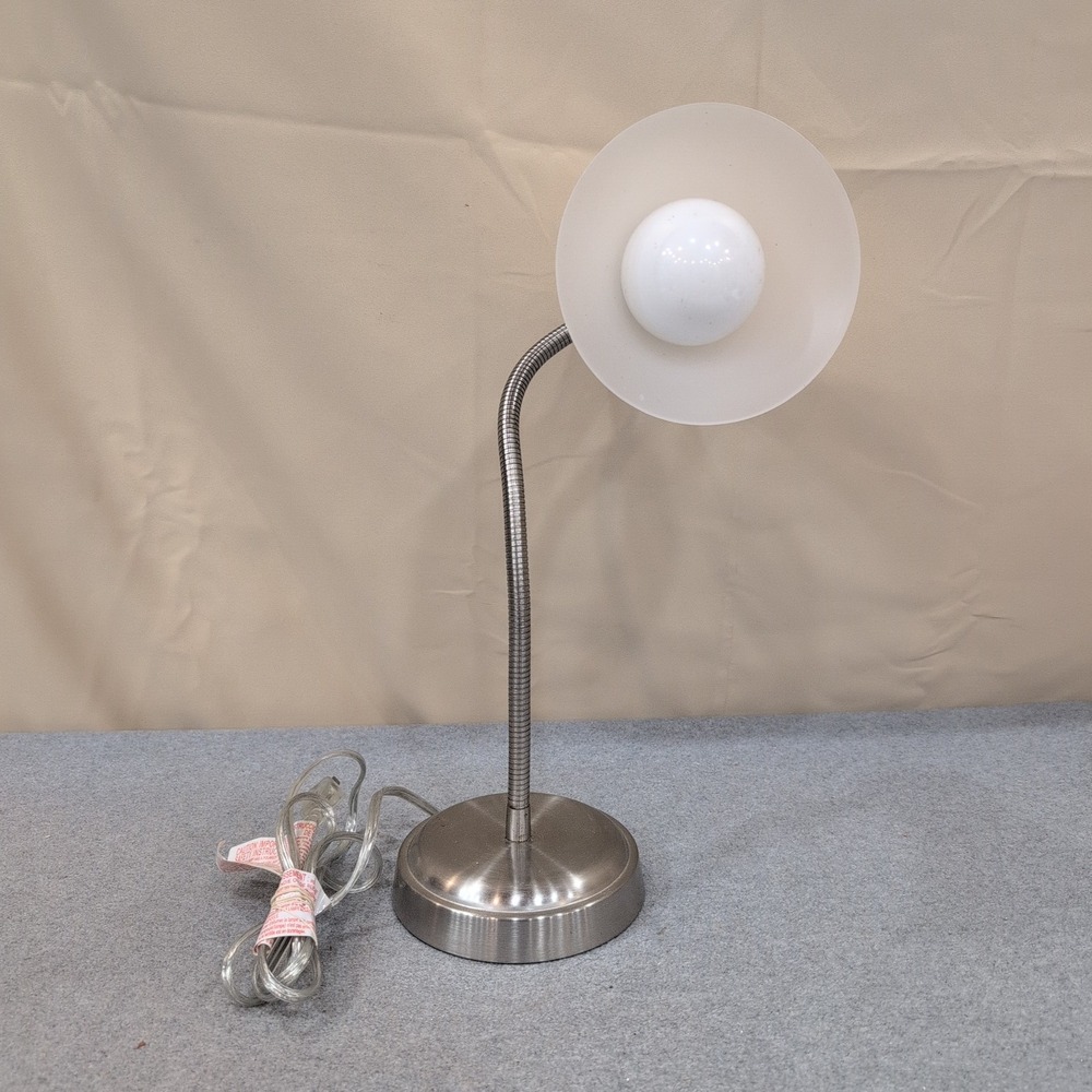 Brushed Nickel Gooseneck Desk Lamp Frosted White Glass Tulip Shade Adjustable - Picture 1 of 4